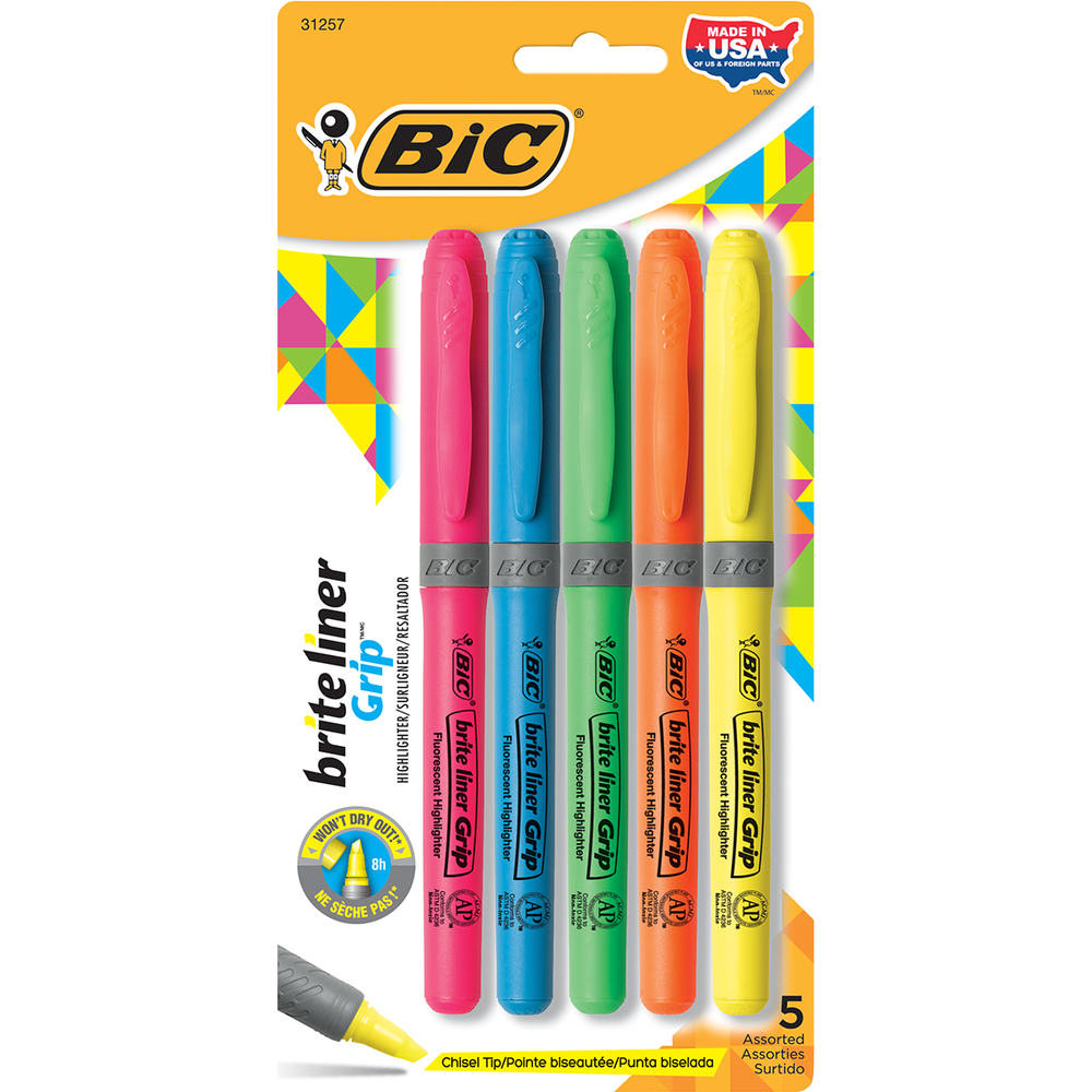 Brite Liner Grip Pen Style Highlighter Chisel Asst 5Pk BP