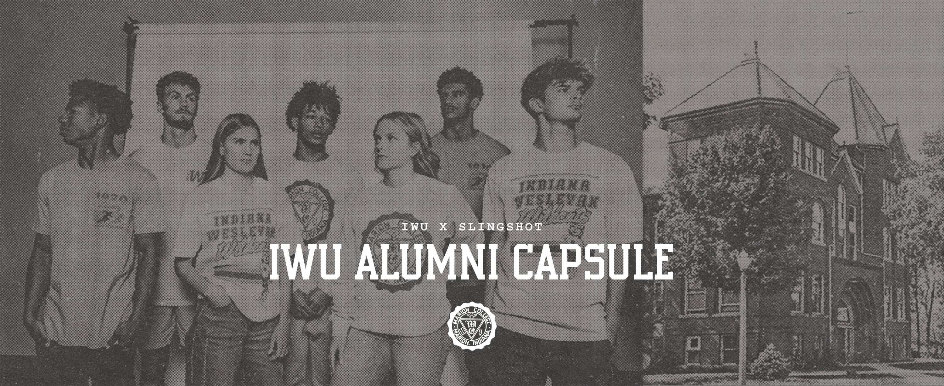 Group of people wearing IUW t-shirts with a building in the background, labeled 'IWU Alumni Capsule'.