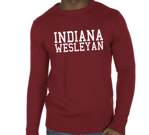 Crew Neck Sweater with Indiana Wesleyan knit-in letters, Red